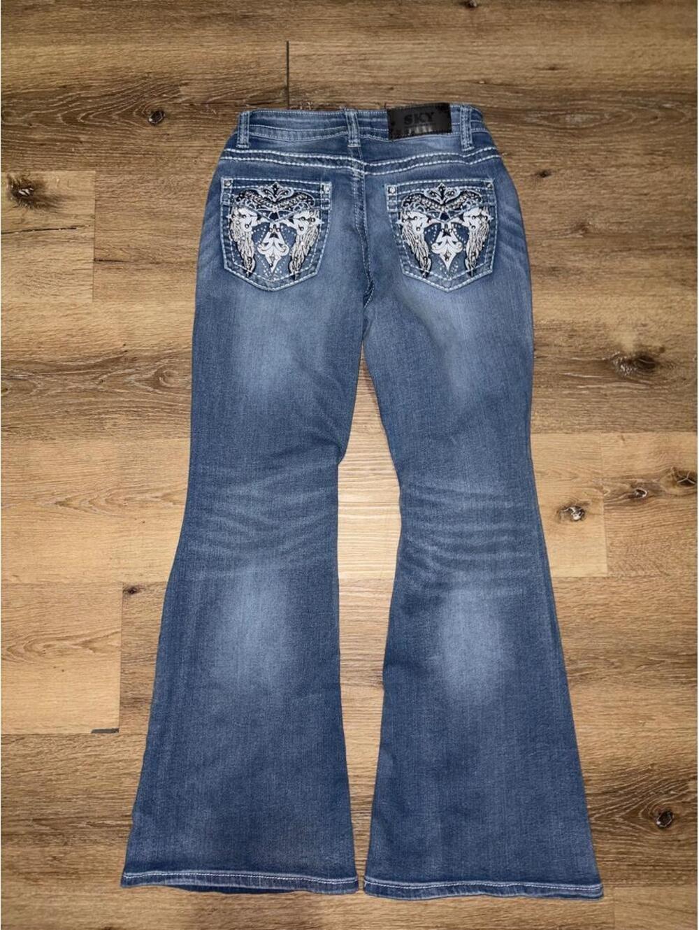 SKY Women’s Y2K Flare Jeans Size 7/8 Embellished Angel Wing Denim